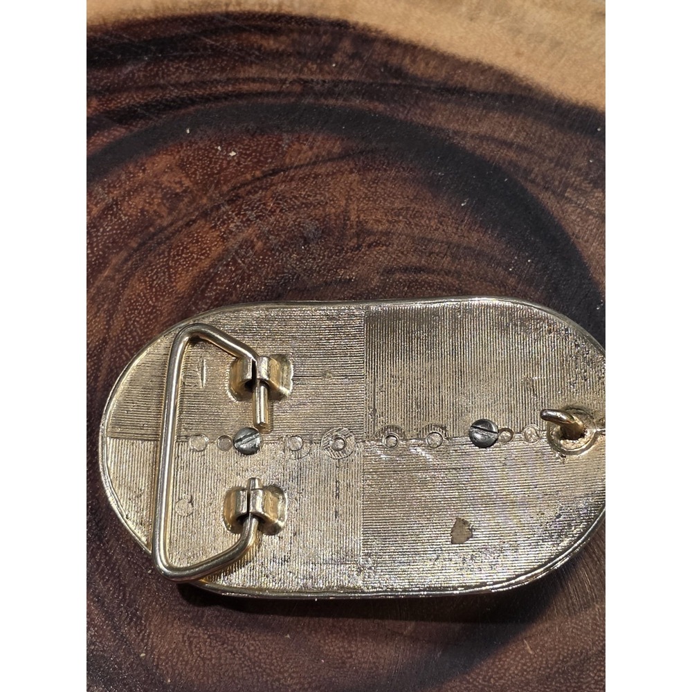 Gold Tone Belt Buckle w Horizontal Oval Wood Ornament Western Style - Picture 5 of 9